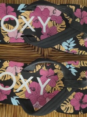 Roxy Black Flip Flops with Pink & Yellow Floral Print